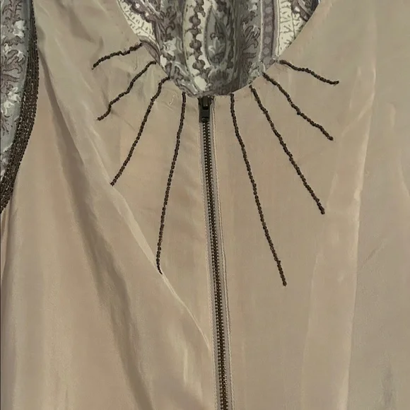 Kimchi Blue 100% Silk Tan Mini Dress with Brown Beaded Geometric Design - Picture 5 of 5